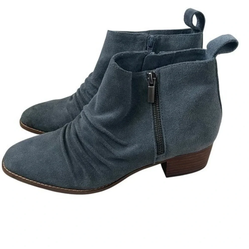 Blue Suede Ruched Ankle Boots Side Zip Block Heel Women‎ Shoes Size 7.5